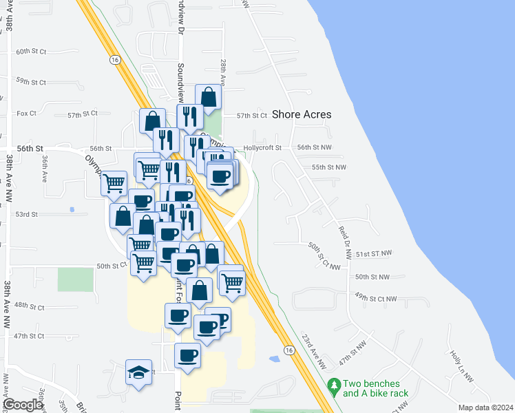 map of restaurants, bars, coffee shops, grocery stores, and more near Cushman Trail in Gig Harbor