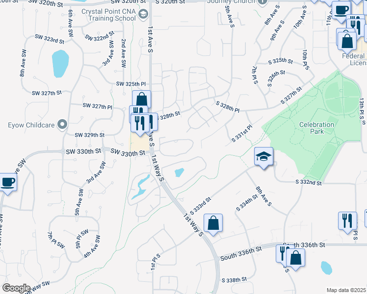map of restaurants, bars, coffee shops, grocery stores, and more near 126 South 329th Place in Federal Way
