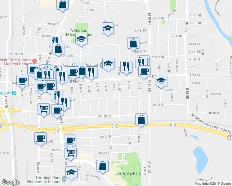 map of restaurants, bars, coffee shops, grocery stores, and more near 103 I Street Southeast in Auburn