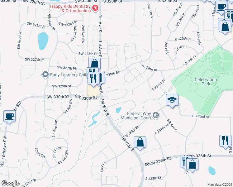 map of restaurants, bars, coffee shops, grocery stores, and more near 147 South 329th Place in Federal Way