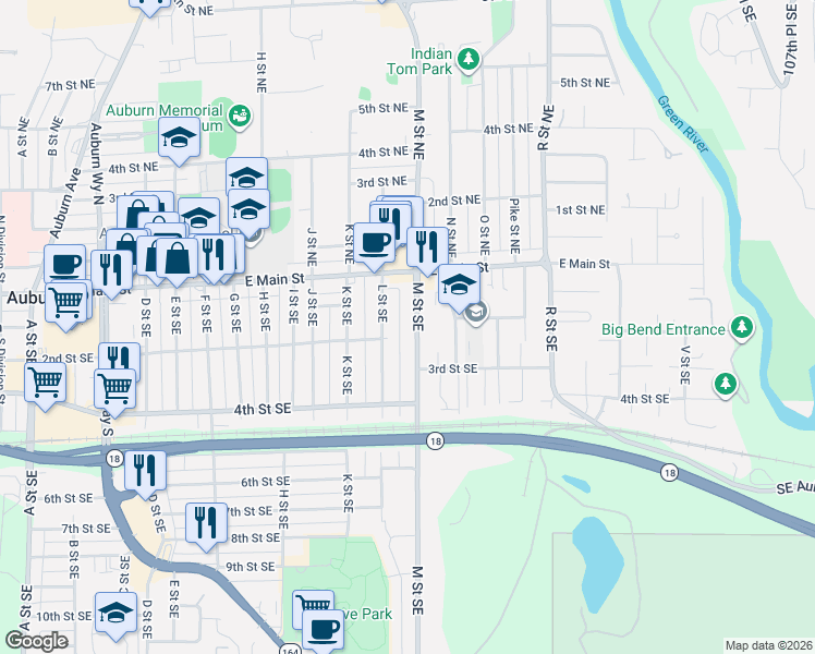 map of restaurants, bars, coffee shops, grocery stores, and more near 119 M Street Southeast in Auburn