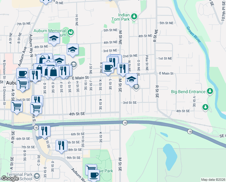 map of restaurants, bars, coffee shops, grocery stores, and more near 120 L Street Southeast in Auburn