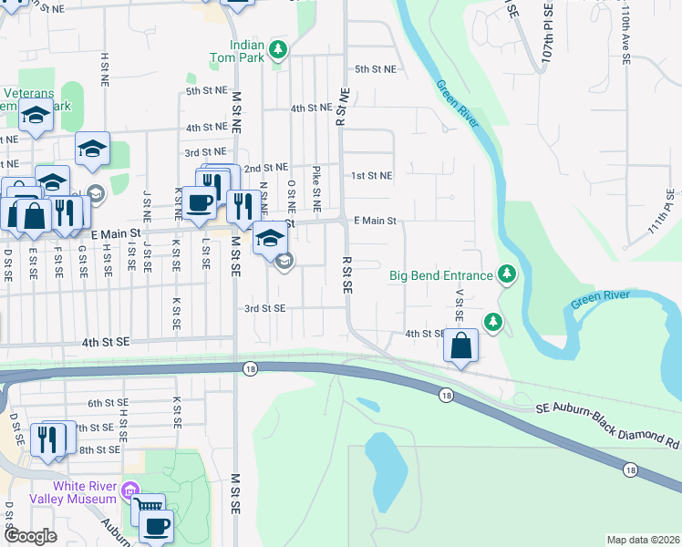 map of restaurants, bars, coffee shops, grocery stores, and more near 114 R Street Southeast in Auburn