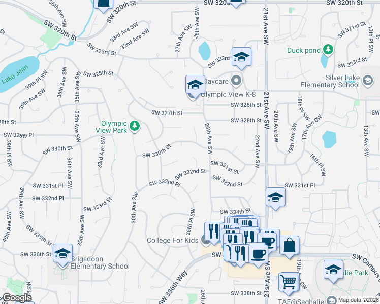map of restaurants, bars, coffee shops, grocery stores, and more near 33004 26th Place Southwest in Federal Way