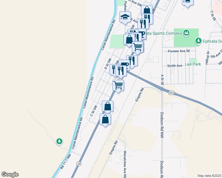 map of restaurants, bars, coffee shops, grocery stores, and more near 1355 Basin Street Southwest in Ephrata