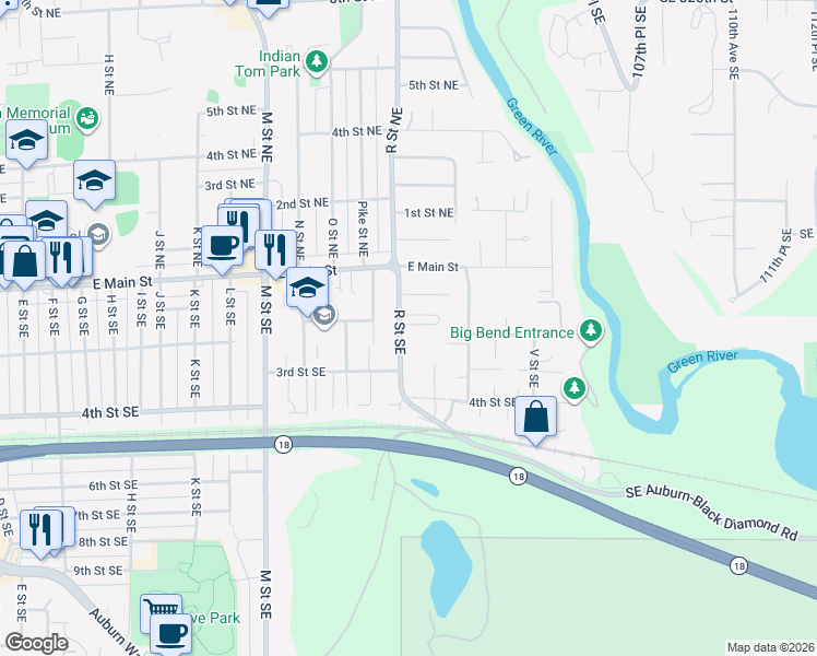 map of restaurants, bars, coffee shops, grocery stores, and more near 114 R Street Southeast in Auburn