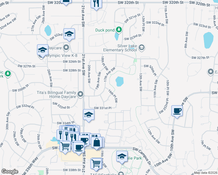 map of restaurants, bars, coffee shops, grocery stores, and more near 32906 16th Place Southwest in Federal Way