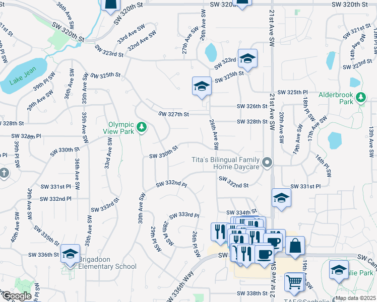map of restaurants, bars, coffee shops, grocery stores, and more near 33011 27th Avenue Southwest in Federal Way
