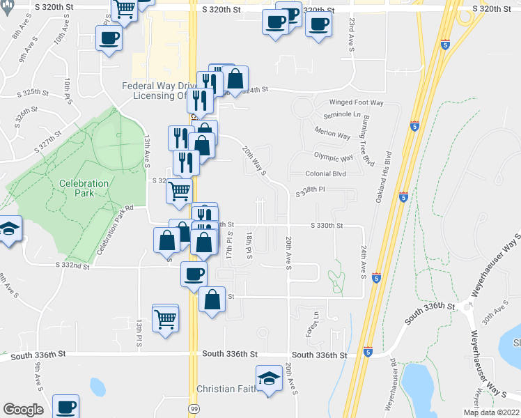 map of restaurants, bars, coffee shops, grocery stores, and more near 1820 South 330th Street in Federal Way