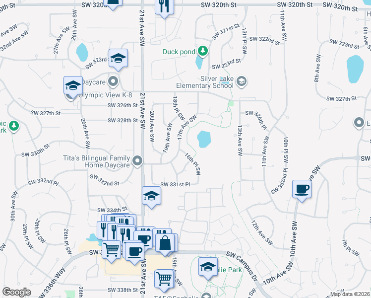 map of restaurants, bars, coffee shops, grocery stores, and more near 32906 16th Place Southwest in Federal Way