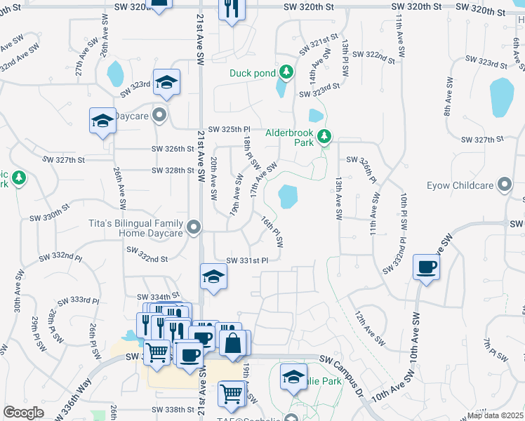 map of restaurants, bars, coffee shops, grocery stores, and more near 32906 16th Place Southwest in Federal Way
