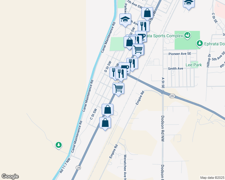 map of restaurants, bars, coffee shops, grocery stores, and more near 1355 Basin Street Southwest in Ephrata