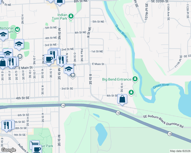 map of restaurants, bars, coffee shops, grocery stores, and more near 114 R Street Southeast in Auburn