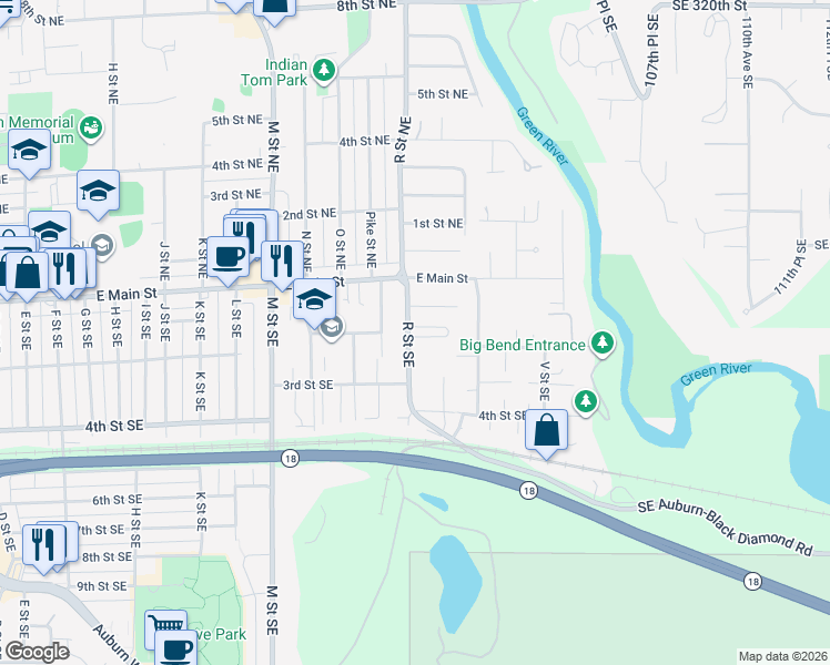map of restaurants, bars, coffee shops, grocery stores, and more near 114 R Street Southeast in Auburn