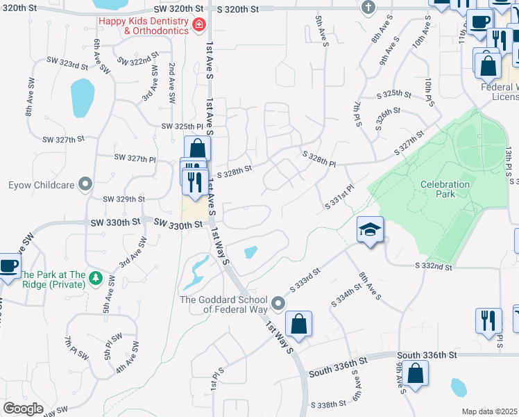map of restaurants, bars, coffee shops, grocery stores, and more near 147 South 329th Place in Federal Way