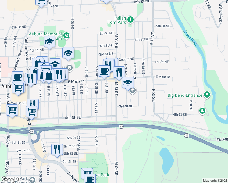 map of restaurants, bars, coffee shops, grocery stores, and more near 109 M Street Southeast in Auburn