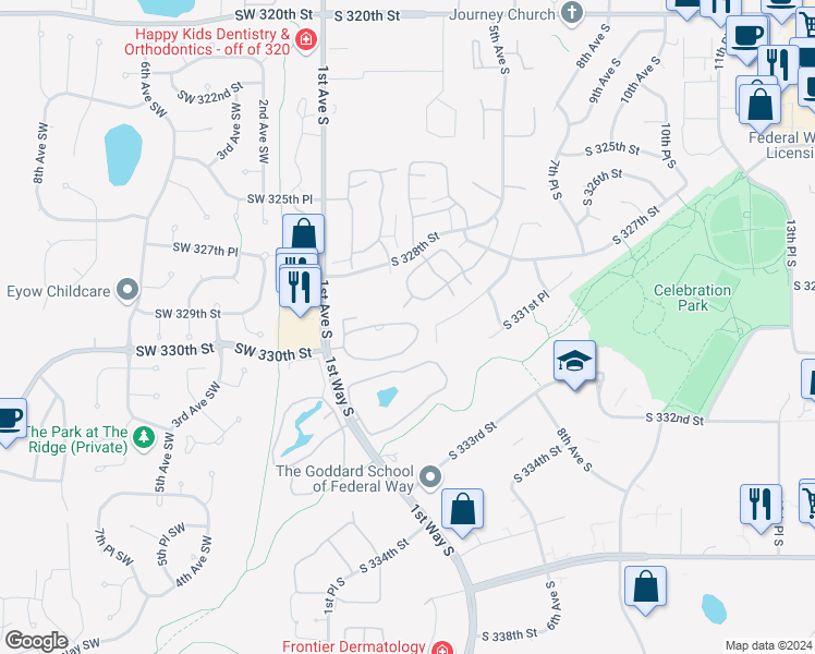 map of restaurants, bars, coffee shops, grocery stores, and more near 147 South 329th Place in Federal Way