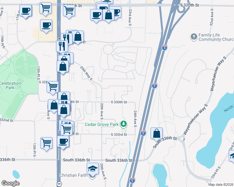map of restaurants, bars, coffee shops, grocery stores, and more near 32824 22nd Ave S in Federal Way