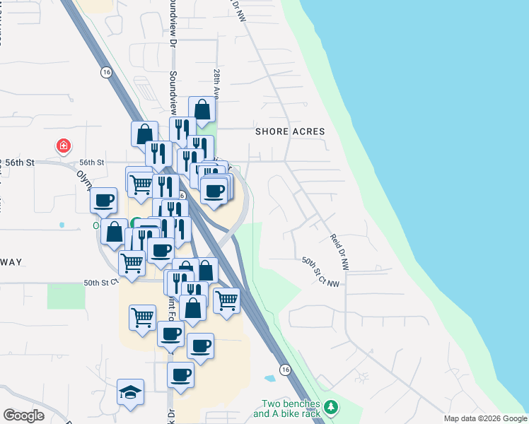 map of restaurants, bars, coffee shops, grocery stores, and more near 2515 54th Street Northwest in Gig Harbor