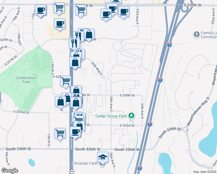 map of restaurants, bars, coffee shops, grocery stores, and more near 32926 19th Place South in Federal Way