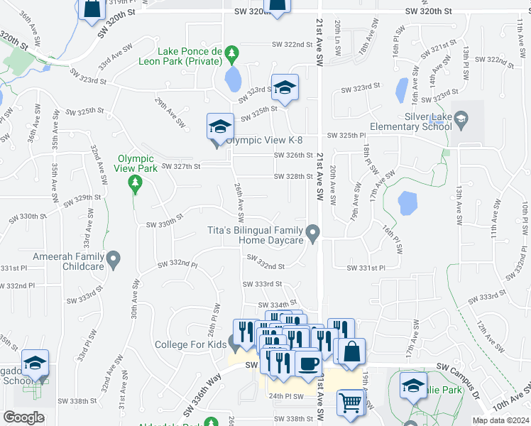 map of restaurants, bars, coffee shops, grocery stores, and more near 2410 Southwest 330th Street in Federal Way