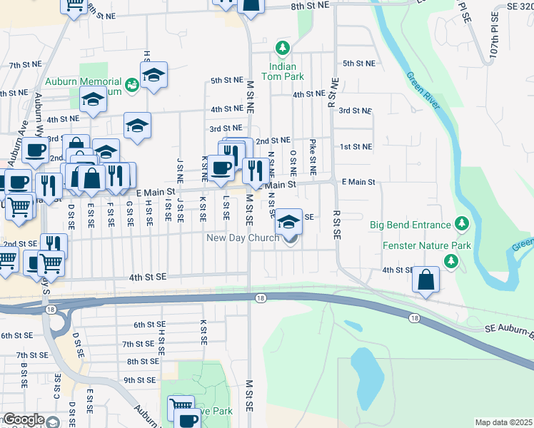 map of restaurants, bars, coffee shops, grocery stores, and more near 107 N Street Southeast in Auburn