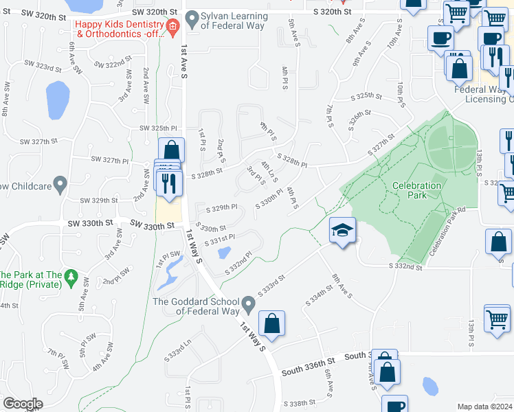 map of restaurants, bars, coffee shops, grocery stores, and more near 154 South 330th Place in Federal Way
