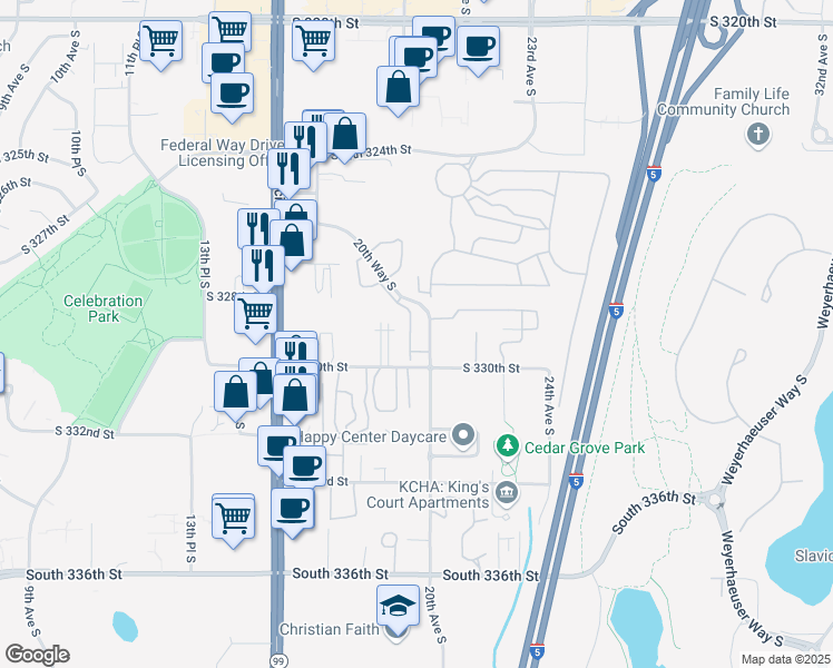 map of restaurants, bars, coffee shops, grocery stores, and more near 32926 19th Place South in Federal Way