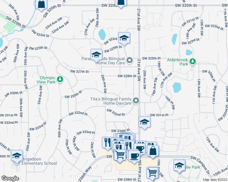 map of restaurants, bars, coffee shops, grocery stores, and more near 2410 Southwest 330th Street in Federal Way