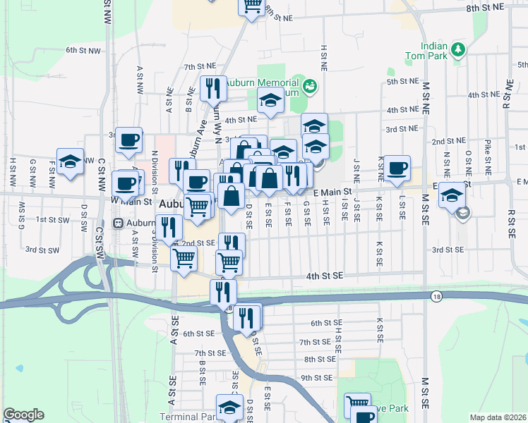 map of restaurants, bars, coffee shops, grocery stores, and more near 19 E Street Southeast in Auburn