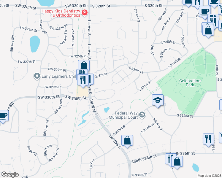 map of restaurants, bars, coffee shops, grocery stores, and more near 147 South 329th Place in Federal Way