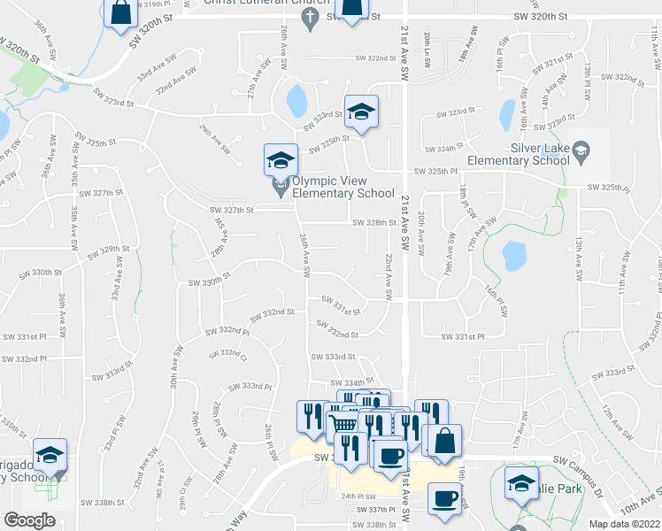 map of restaurants, bars, coffee shops, grocery stores, and more near 2410 Southwest 330th Street in Federal Way