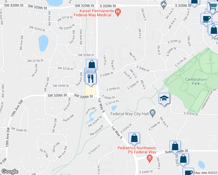map of restaurants, bars, coffee shops, grocery stores, and more near 126 South 329th Place in Federal Way
