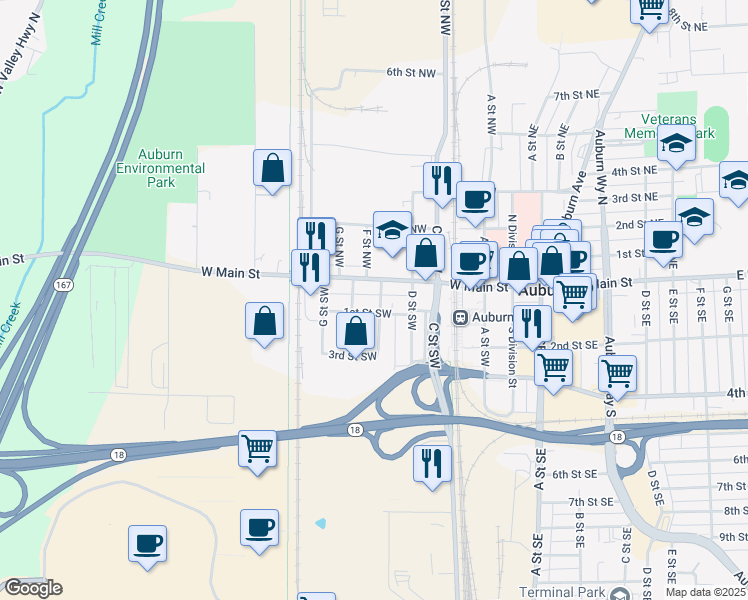 map of restaurants, bars, coffee shops, grocery stores, and more near 17 E Street Southwest in Auburn