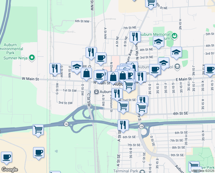 map of restaurants, bars, coffee shops, grocery stores, and more near 17 South Division Street in Auburn