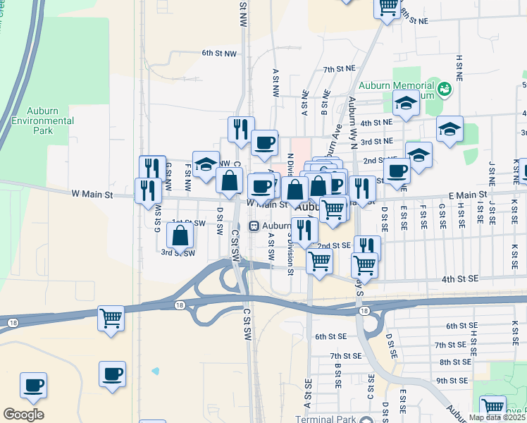 map of restaurants, bars, coffee shops, grocery stores, and more near in Auburn