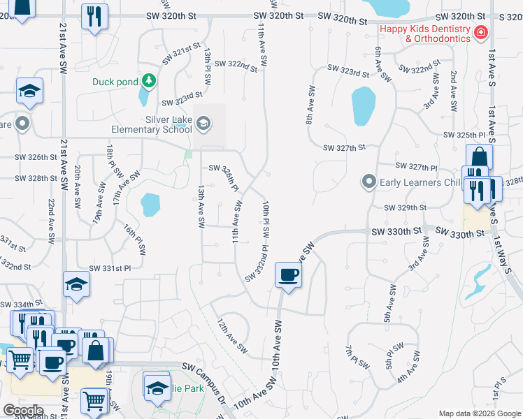 map of restaurants, bars, coffee shops, grocery stores, and more near 1064 Southwest 328th Court in Federal Way