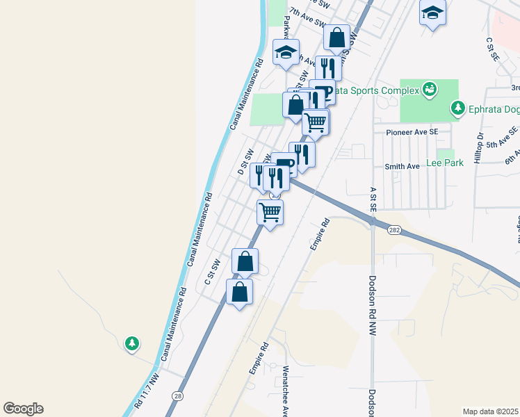 map of restaurants, bars, coffee shops, grocery stores, and more near 1355 Basin Street Southwest in Ephrata