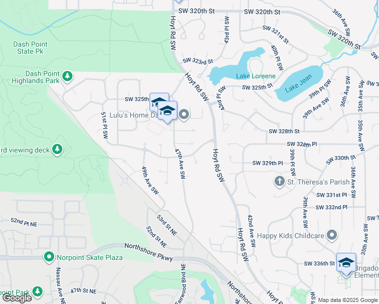 map of restaurants, bars, coffee shops, grocery stores, and more near 4624 Southwest 329th Way in Federal Way