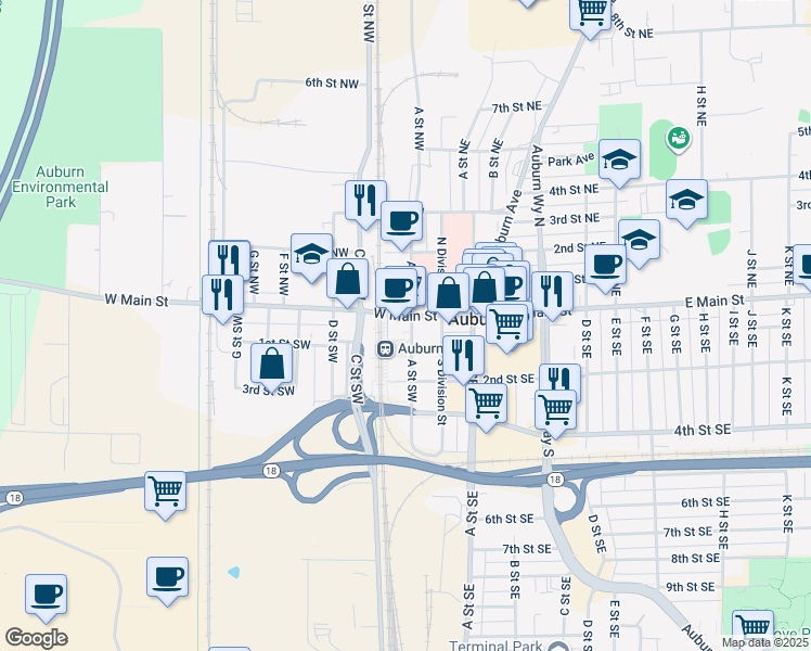 map of restaurants, bars, coffee shops, grocery stores, and more near 102 West Main Street in Auburn
