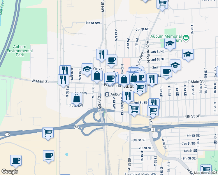 map of restaurants, bars, coffee shops, grocery stores, and more near in Auburn