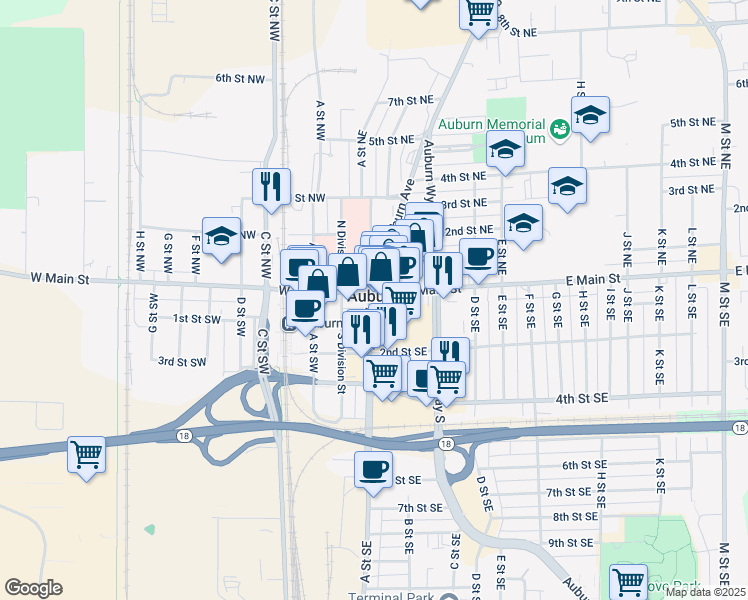 map of restaurants, bars, coffee shops, grocery stores, and more near in Auburn