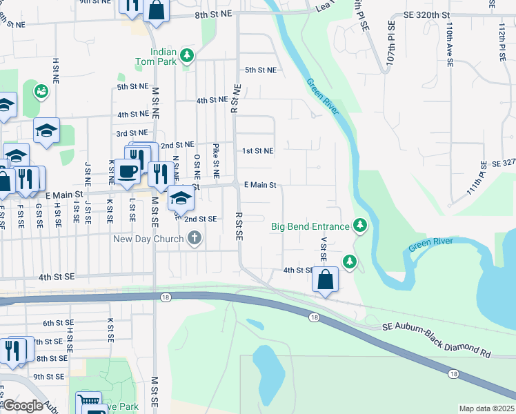 map of restaurants, bars, coffee shops, grocery stores, and more near 1612 1st Street Southeast in Auburn