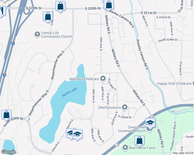 map of restaurants, bars, coffee shops, grocery stores, and more near 32822 38th Avenue South in Federal Way