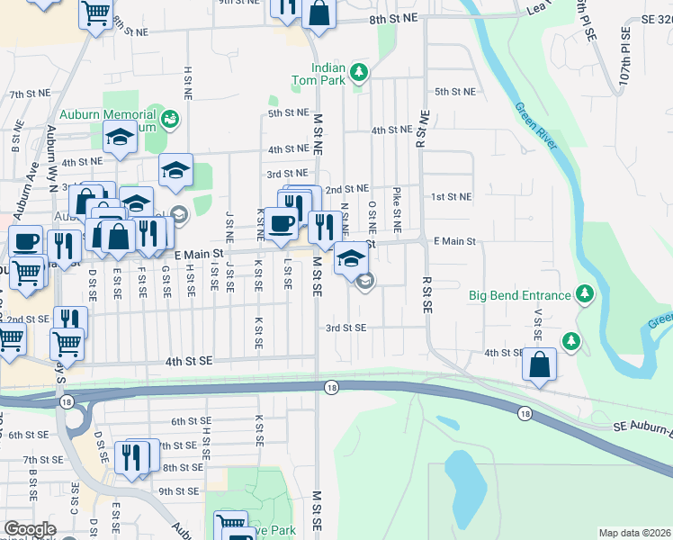 map of restaurants, bars, coffee shops, grocery stores, and more near 105 N Street Southeast in Auburn