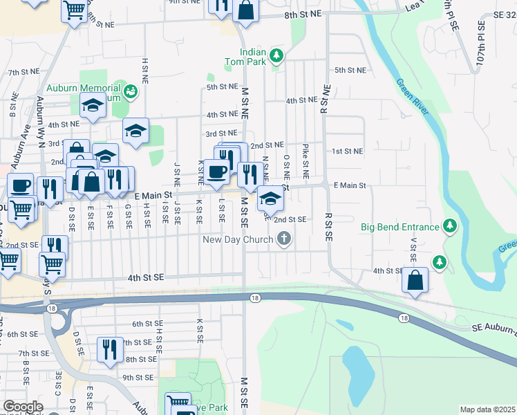 map of restaurants, bars, coffee shops, grocery stores, and more near 107 N Street Southeast in Auburn
