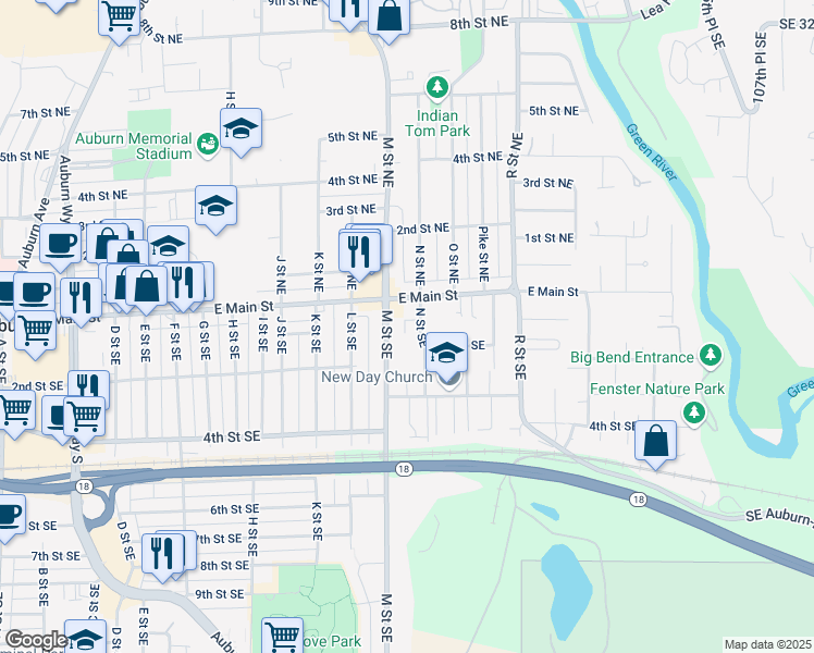 map of restaurants, bars, coffee shops, grocery stores, and more near 107 N Street Southeast in Auburn