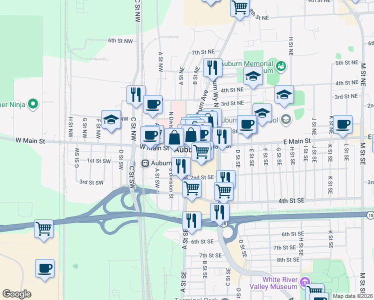 map of restaurants, bars, coffee shops, grocery stores, and more near in Auburn
