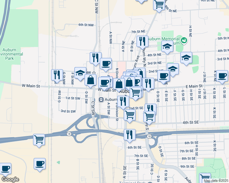 map of restaurants, bars, coffee shops, grocery stores, and more near 102 West Main Street in Auburn