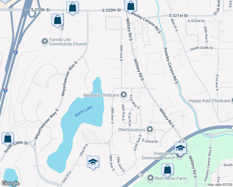 map of restaurants, bars, coffee shops, grocery stores, and more near 32822 38th Avenue South in Federal Way